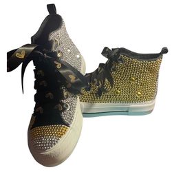 Handmade Rhinestone High Top Sneakers: Gold / Silver Crystal Bling Heart Ribbon Laces / size 3