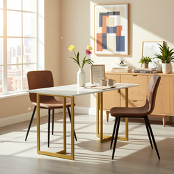 Homy Casa Slip 3PC Dining Set 55” Table in White Marble Top Finish with 2 Scargill Chairs in Suede Brown