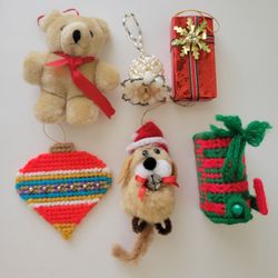 Lot Vintage Christmas Ornaments Plush Teddy Bear Dog Gift Mailbox Bell Handmade