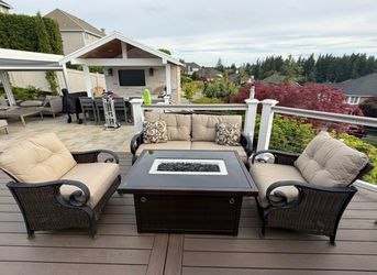 Outdoor lazy boy patio set -  couch and oversize chairs, fire table, and matching umbrella