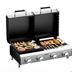 4 Burners Gas Flat Top Grill and Griddle with Lid, Powerful 40,000 BTU Grills with Heat-resistant coating, Camping Grill for Outdoor BBQ Use