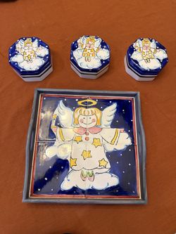 Ceramic Angel 3 covered boxes and 1 serving tray