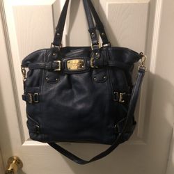 Navy Blue Large  Leather Michael Kors Purse Good Condition Lots Of Gold Tone Metal  2 Type Of Handles 