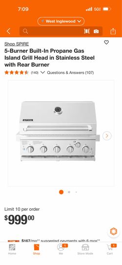 SPIRE 5-Burner Built-In Propane Gas Island Grill Head in Stainless Steel with Rear Burner