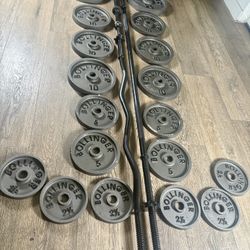 BOLLINGER VINTAGE Standard Set: 6 ft Bar, 4 ft Curl Bar, DB Bars and Cast Iron Weight plates: 25s, 10s, 5s and 2.5s (Total: 191 lbs)  