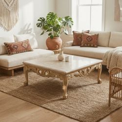 Schnadig Carved Wood & Marble Coffee Tablet - Modern Bohemian style