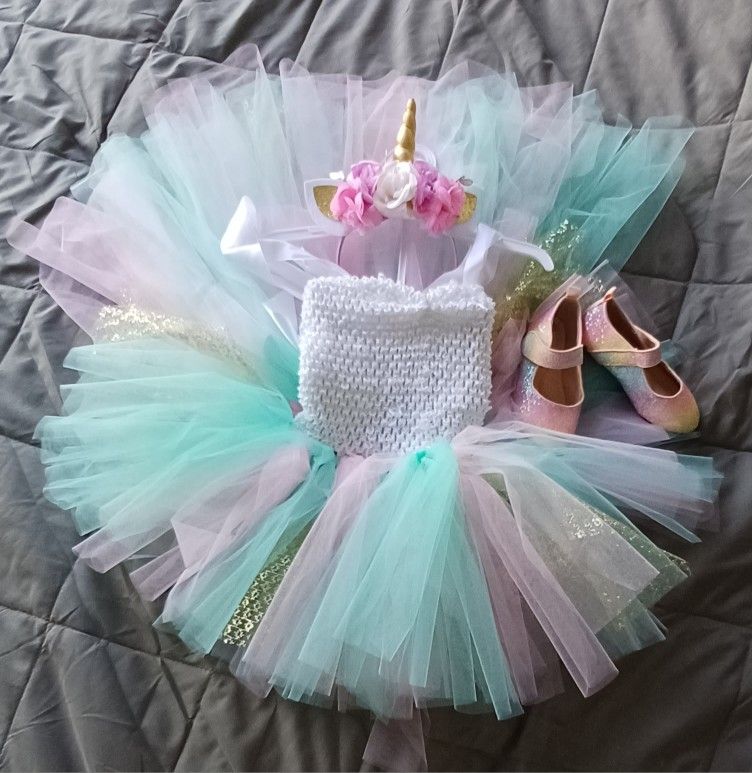 Complete Unicorn Set (dress, shoes, headband) for a girl 2-3 years old