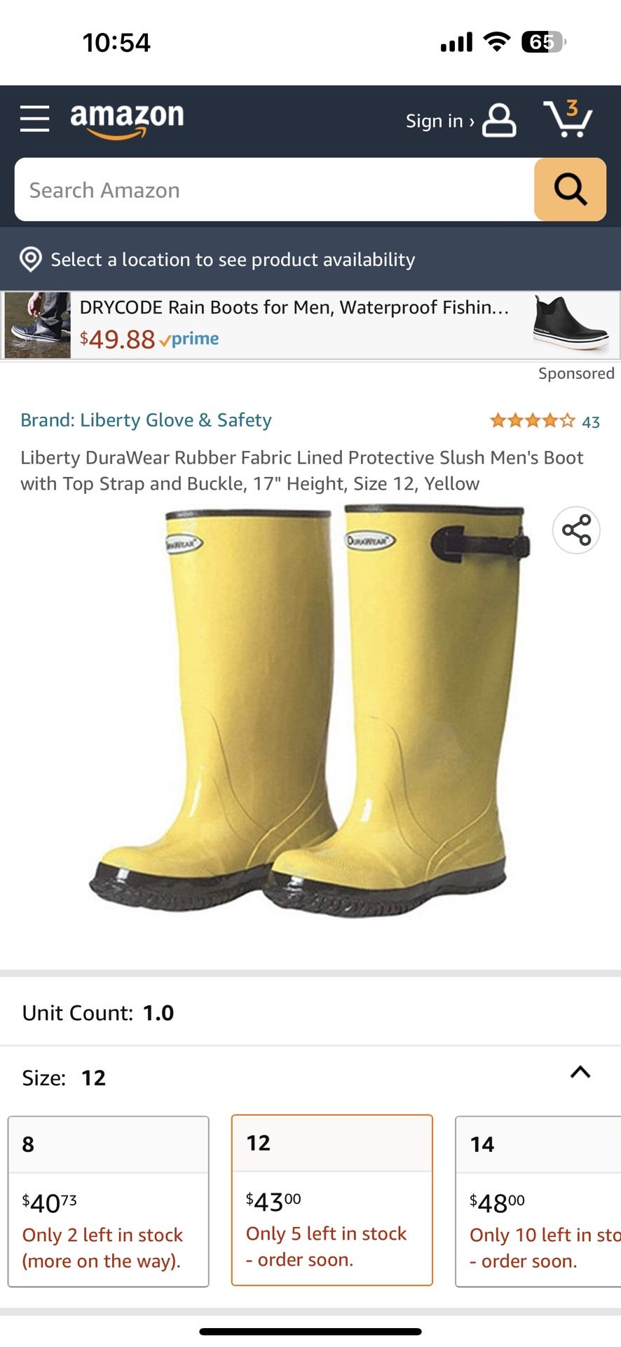 Liberty DuraWear Rubber Fabric Lined Protective Slush Men's Boot with Top Strap and Buckle, 17" Height, Size 12, Yellow