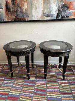 2 Accent Trends Black Round Wooden Glass Top End Tables with antiqued gold accents