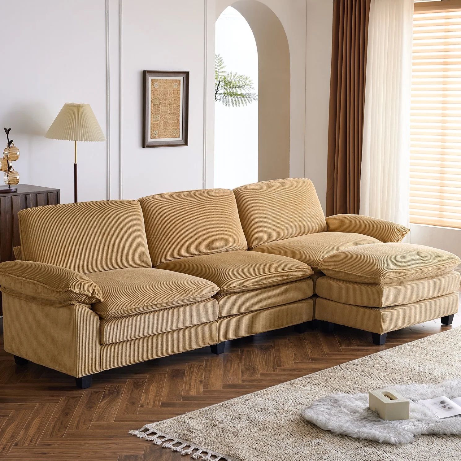 NEW IN BOX - Ktaxon 120" W Sectional Convertible Sofa L Shaped Modular Couch with Chaise Corduroy Sleeper Set with 3 Oversized Seats Khaki