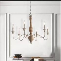 LNC 6-Light Rustic Farmhouse 29.5 in. Wood Chandelier with Antique White Accents