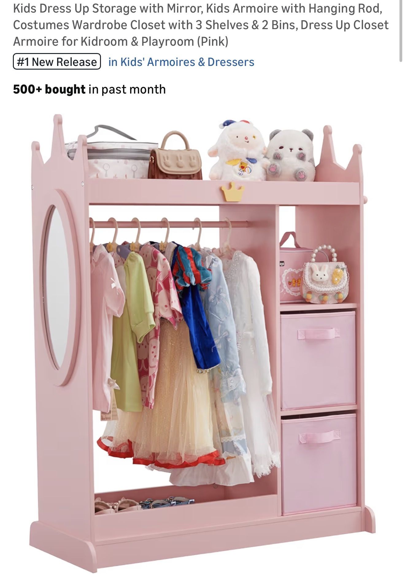 princess closet dress up Kids Dress Up Storage with Mirror, Princess Dress Up Closet for Little Girls, Toddler Wardrobe Armoire Organizer with Hanging Rod & Hooks, Pink
