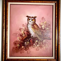 Gorgeous signedr oil painting, Owl; H 24/30 x W20/26 inch; Lbs 5.4 Excellent art gallery condition  Inv #6011