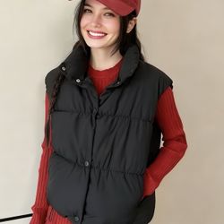 Women'S Sleeveless Stand Collar Waistcoat - Soft Warm Winter Vest, Casual Solid Short Jacket for Layering, Versatile Outerwear for Everyday & Semi-For