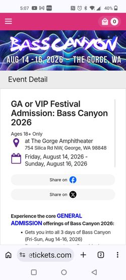 Bass Canyon 3 Day ticket pass