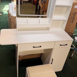 Dowinx Vanity Desk with Mirror and 3 LED Lights, Power Outlet Makeup Vanity Table with 3 Drawers and 7 Shelves Dressing Table with Storage Stool for B