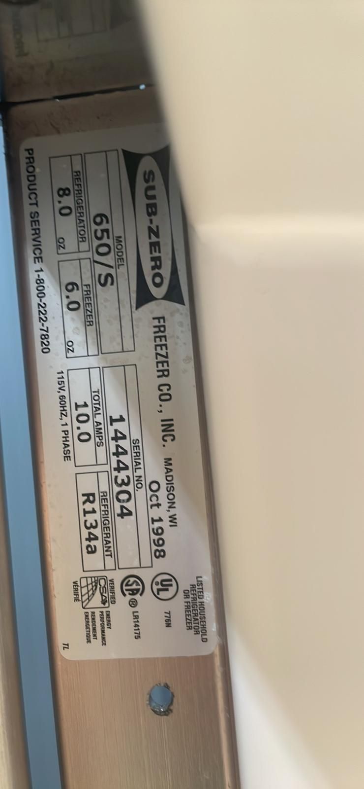 36”in Wide 82 Heitgh Subzero Frige Use Like New