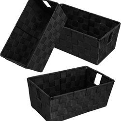 Woven Black Storage Baskets Shelf Tote Boxes Container, Durable Organizer- 3Pack