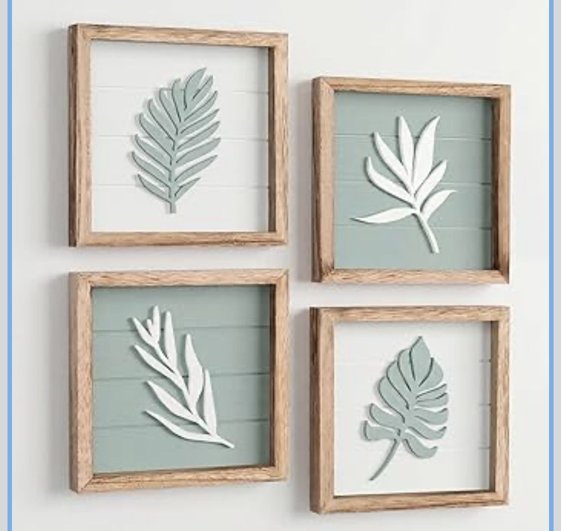 New: Tide and Tales 3D Sage Green Leaf Botanical Wall Art (Framed Set of 4)