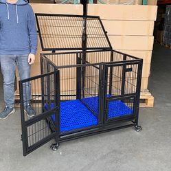 New in box $160 Folding Dog Cage 37x25x33” Heavy Duty Double-Door Kennel w/ Divider, Plastic Tray