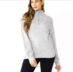 Nine West Light Gray Half-Zip Ribbed Sweater Size XS