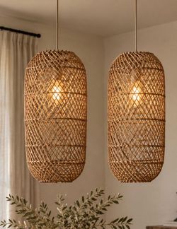 Set of 2 Woven Rattan Pendant Light Shades – Boho / Organic Modern
