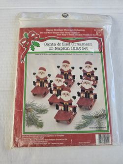 Santa & Sled Ornament or Napkin Ring Set Snap Together Wood Art Collection NOS