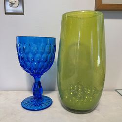 Green Vintage Glass Vase And Blue Glass Goblet