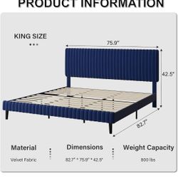 Blue Kimg Size Bed Frame With 2 Grey Night Stand