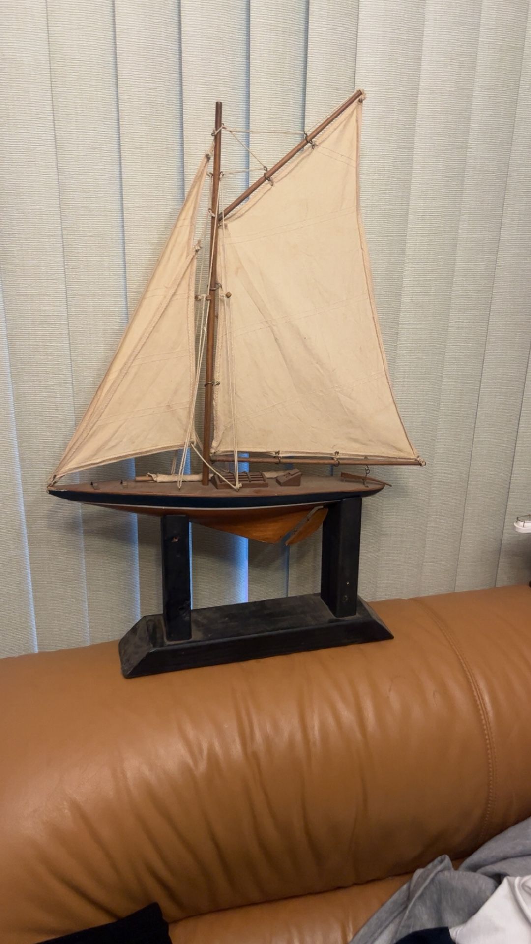 Vintage hand made model sail boat with stand