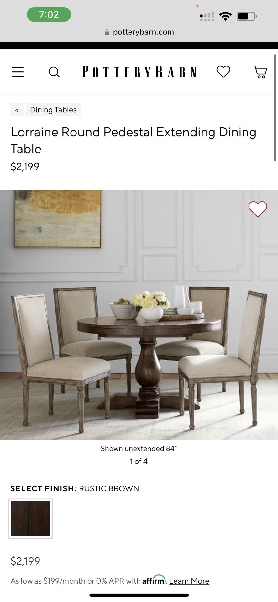 Pottery Barn, Lorraine Round Pedestal Extending Dining Table, 48”x48”x30”h