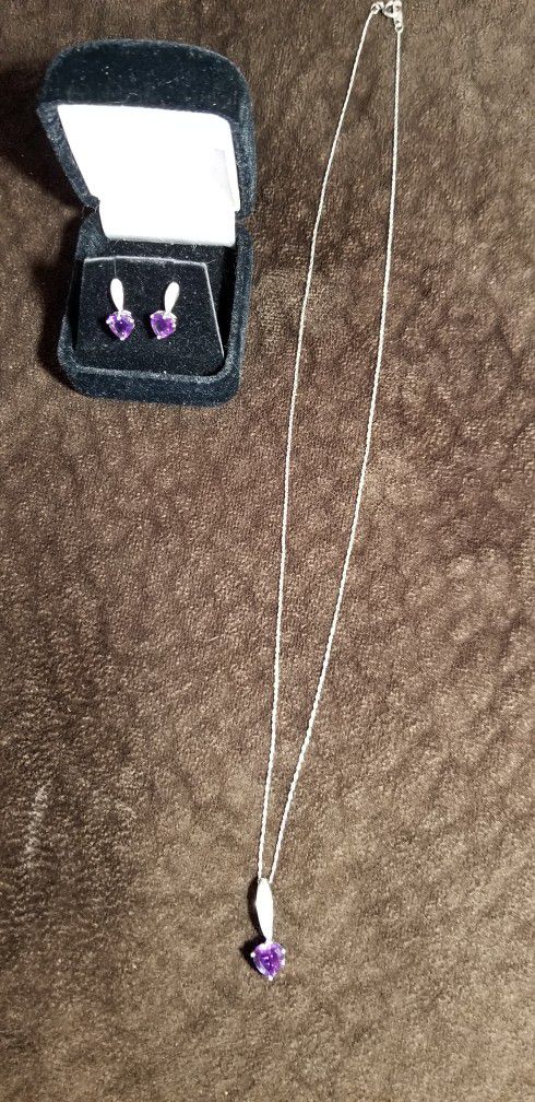 10K WHITE GOLD CHAIN-PENDANT & EARRINGS WITH AMETHYST AND DIAMONDS 