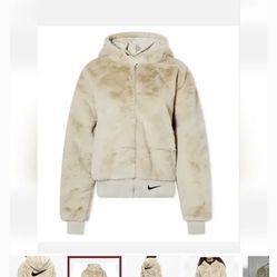 Nike Essentials faux fur hooded jacket in tan hoodie coat fuzzy warm bomber