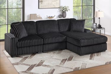 Brand New Black Super Plush Corduroy Sectional Sofa (Pillows Included)