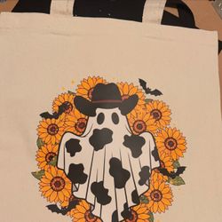 Halloween Ghost Sunflower Canvas Tote Bag
