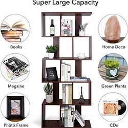 amzdeal Bookshelf 5 Shelf Bookcase Modern S Shaped Book Shelf Free Standing Display Storage Shelves for Office Bedroom Living Room 27.6”L x 9.3”W x 68