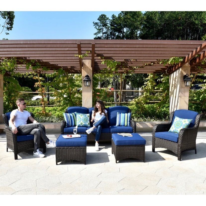 Patio Sets 5-piece Rattan Wicker Chair Sectional Sofa Set - Blue