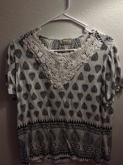 Black and White Paisley Top with Crochet Neckline