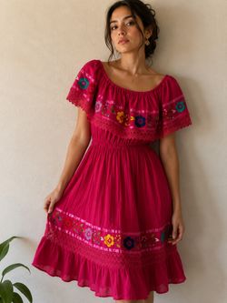 Vintage Mexican Embroidered Floral Fuchsia Peasant Dress – Women’s Large