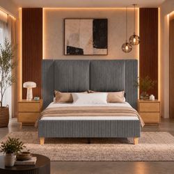 Queen Size Bed Frame with 51" Tall Headboard, Upholstered Corduroy Platform Bed, Gray.