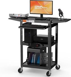 All-Steel Rolling AV Cart with Adjustable Height & Built-in Power – Heavy-Duty Media Workstation with Drop-Leaf Shelves & Wheels for Projectors, Lapto