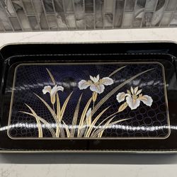 Vintage Japanese Black Lacquerware Serving Tray with Gold Iris Flowers & Gold Trim