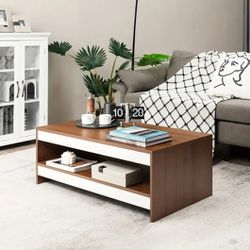 Costway Wooden Rectangular Coffee Table, 2 Tier Design with Storage Shelf, Minimalist Wooden Furniture for Living Room, Office, Reception Area