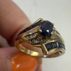 Vintage 14k yellow gold 585 Natural Sapphire , Diamonds Ring , weight 3,6 grams , size 6