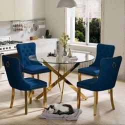 Sumdeal 42'' Circular Glass Table - Clear Minimalist Design With 4 Velvet Dining Chairs,Round Glass Dining Table Sets For 4,5 Pieces Glass Dining Tabl