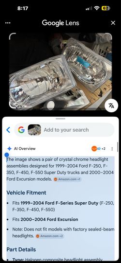 The image shows a pair of crystal chrome headlight assemblies designed for 1999–2004 Ford F-250, F-350, F-450, F-550 Super Duty trucks and 2000–2004 F