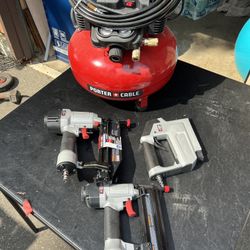 Porter Cable Air Compressor with 2 nail guns and 1 staple gun