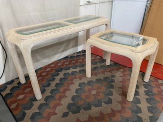 Vintage White Pencil Reed Side Console Table & Side Table (Set of 2)