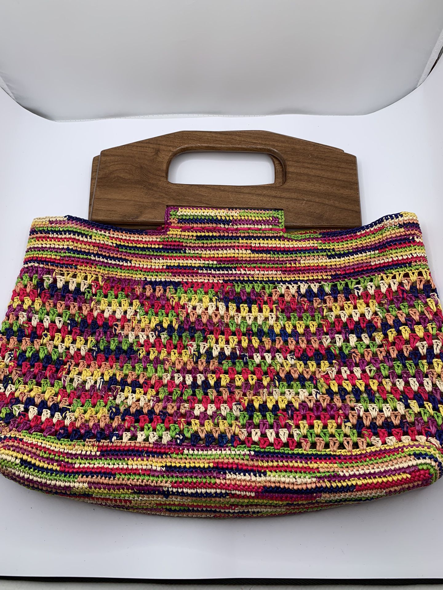 Boho Straw  Multi Colored Crochet Hand Bag with Large Wood Handles