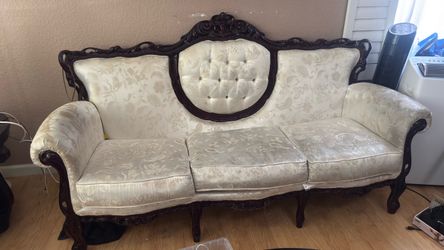 Vintage White Silk and Dark Wood Couch